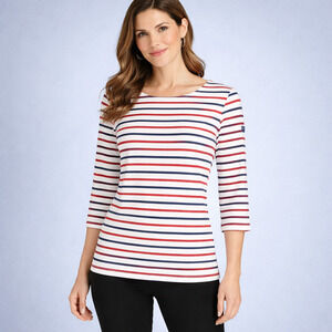 Saint James Size 6 Red White Blue Stripe Crew Scoop Neck 3/4 Sleeve Knit Top